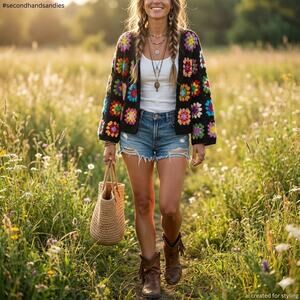 Womens Crochet Handmade Cardigan Knit LARGE/ MEDIUM Rainbow Sweater